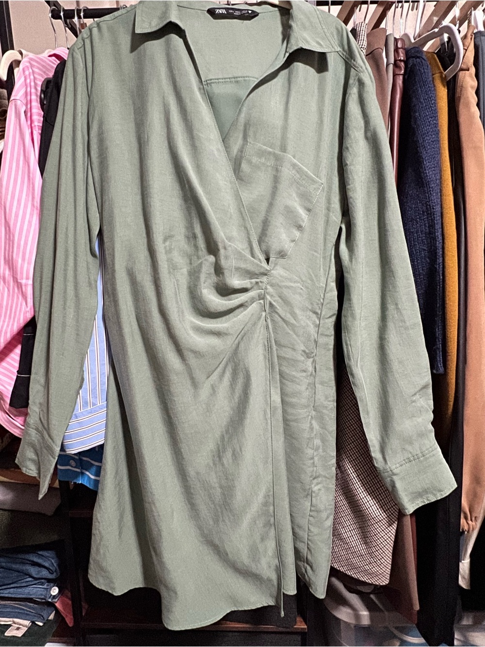 Zara Sage Green Twisted Wrap Shirt Dress